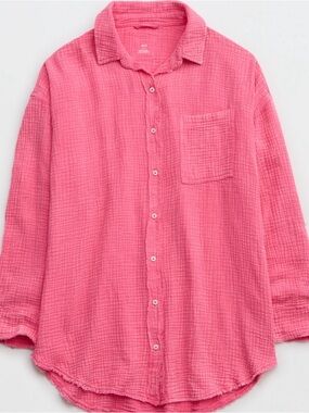 AERIE WOMENS Pink Button-Up Gauze Shirt